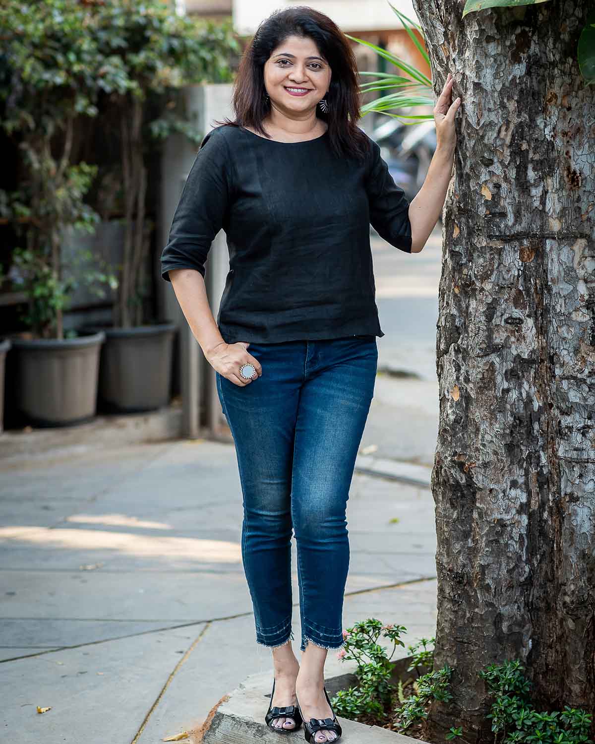 Linen black short kurta with sleeves