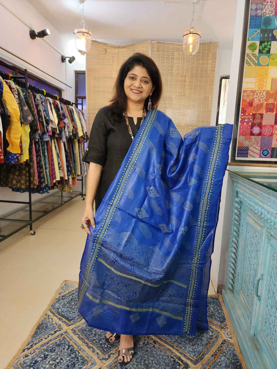 Blue Green Tussar silk kantha work dupatta